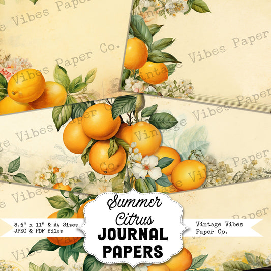 Junk journal Summer Citrus printable papers, digital paper pack, citrus fruit pattern, instant download vintage style neutral yellow papers