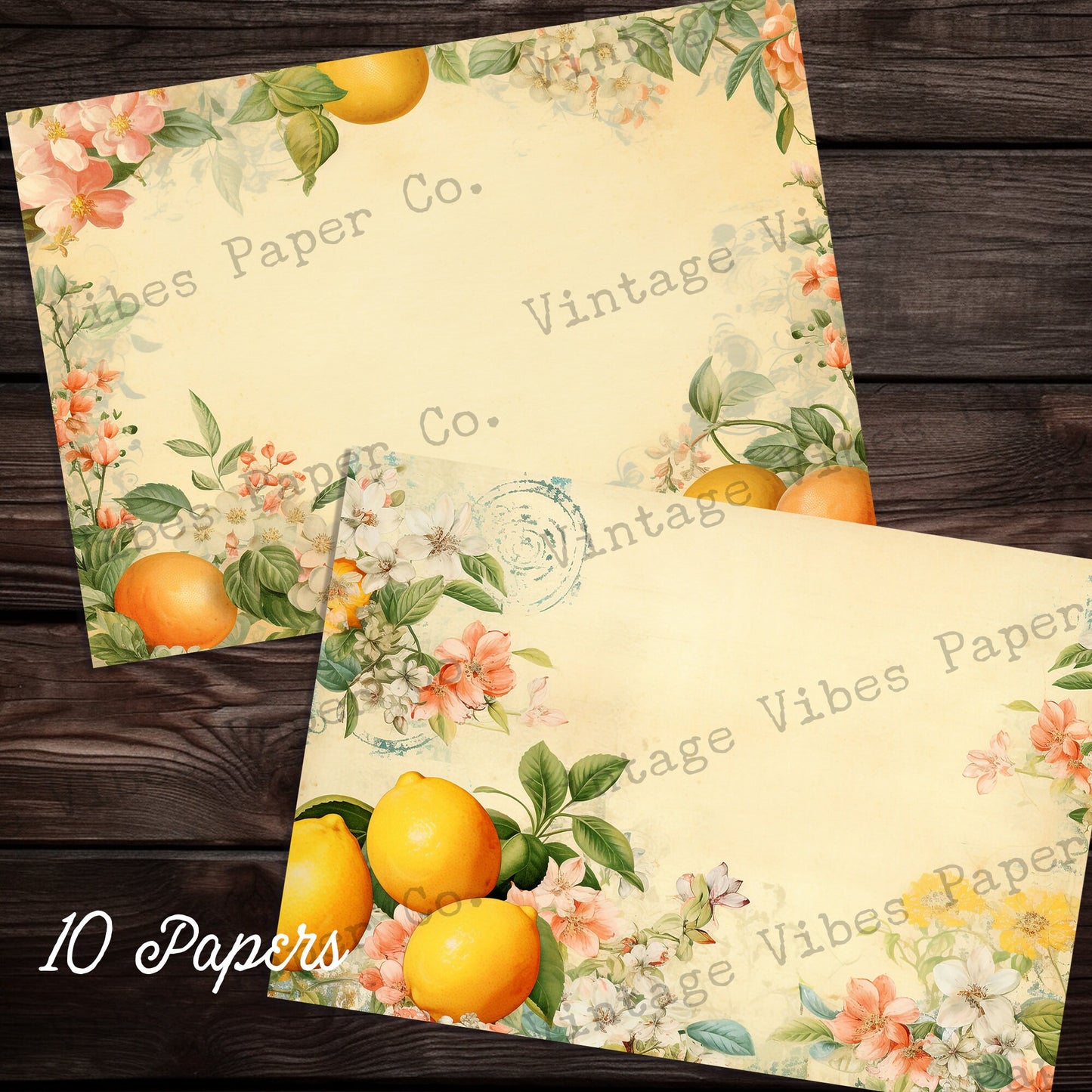 Junk journal Summer Citrus printable papers, digital paper pack, citrus fruit pattern, instant download vintage style neutral yellow papers