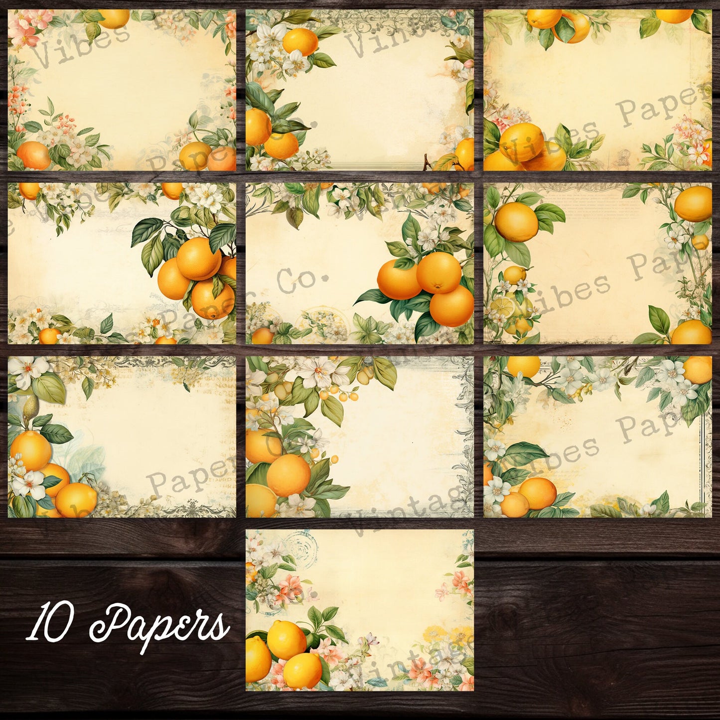 Junk journal Summer Citrus printable papers, digital paper pack, citrus fruit pattern, instant download vintage style neutral yellow papers