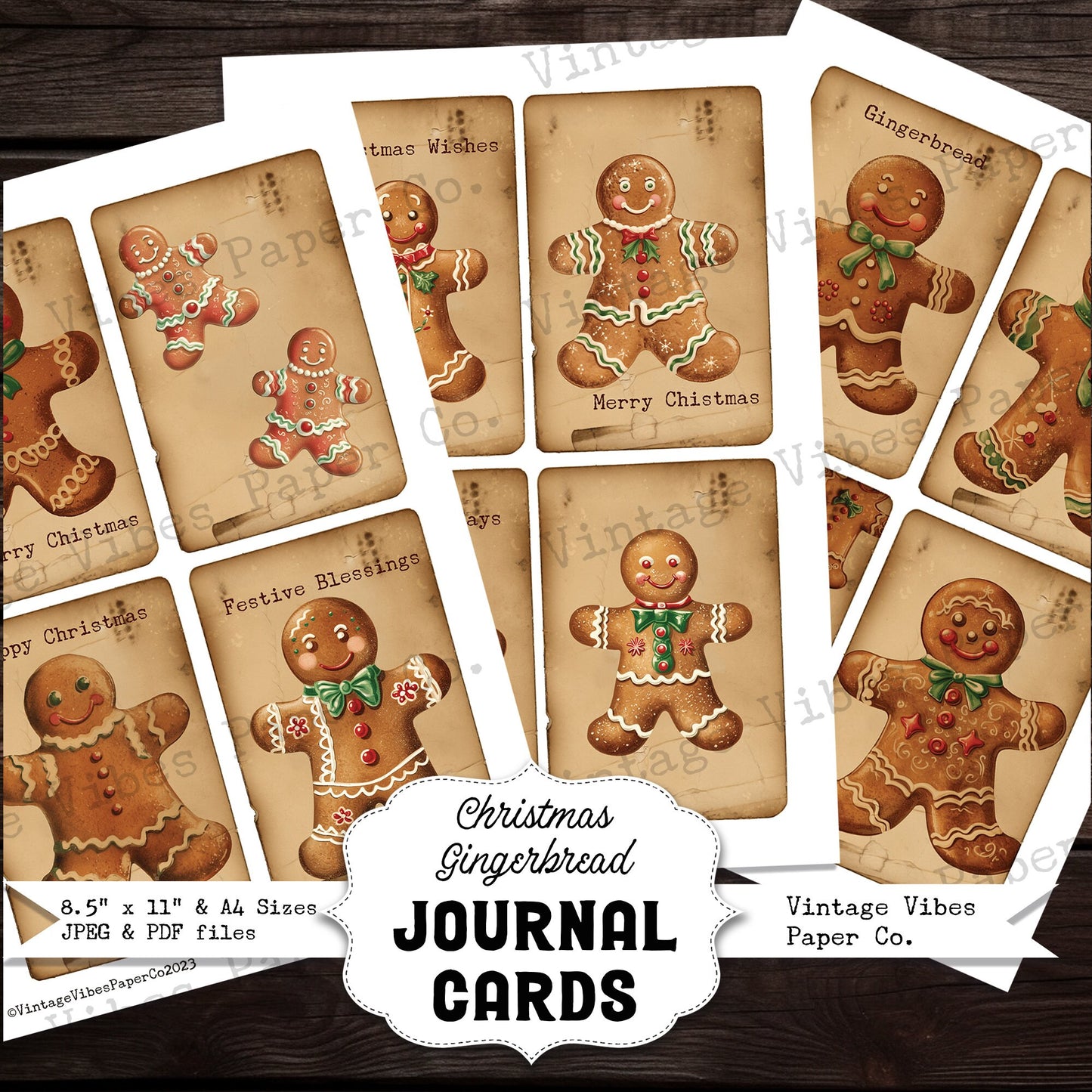 Vintage Gingerbread junk journal cards, digital printable card toppers, neutral theme festive junk journal digital printable ephemera pack