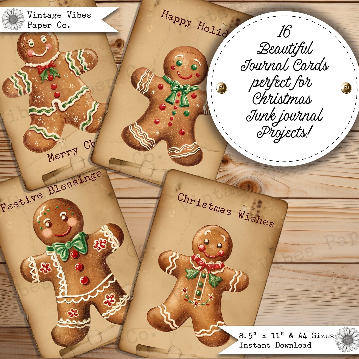 Vintage Gingerbread junk journal cards, digital printable card toppers, neutral theme festive junk journal digital printable ephemera pack