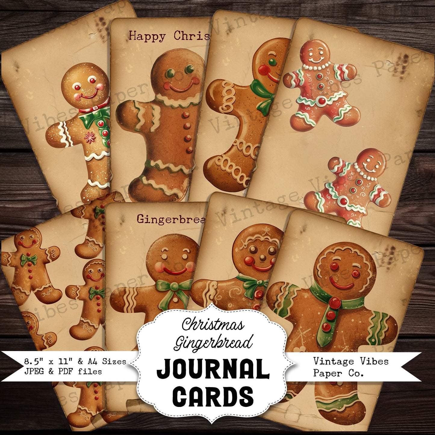 Vintage Gingerbread junk journal cards, digital printable card toppers, neutral theme festive junk journal digital printable ephemera pack