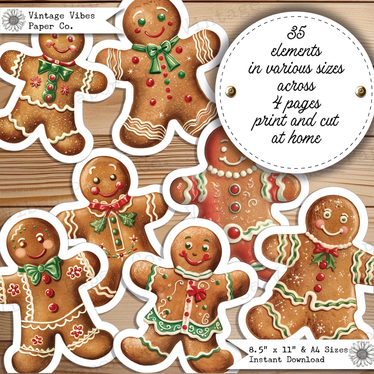 Christmas Gingerbread junk journal fussy cut ephemera sheets, festive christmas theme junk journal digital printable ephemera pack