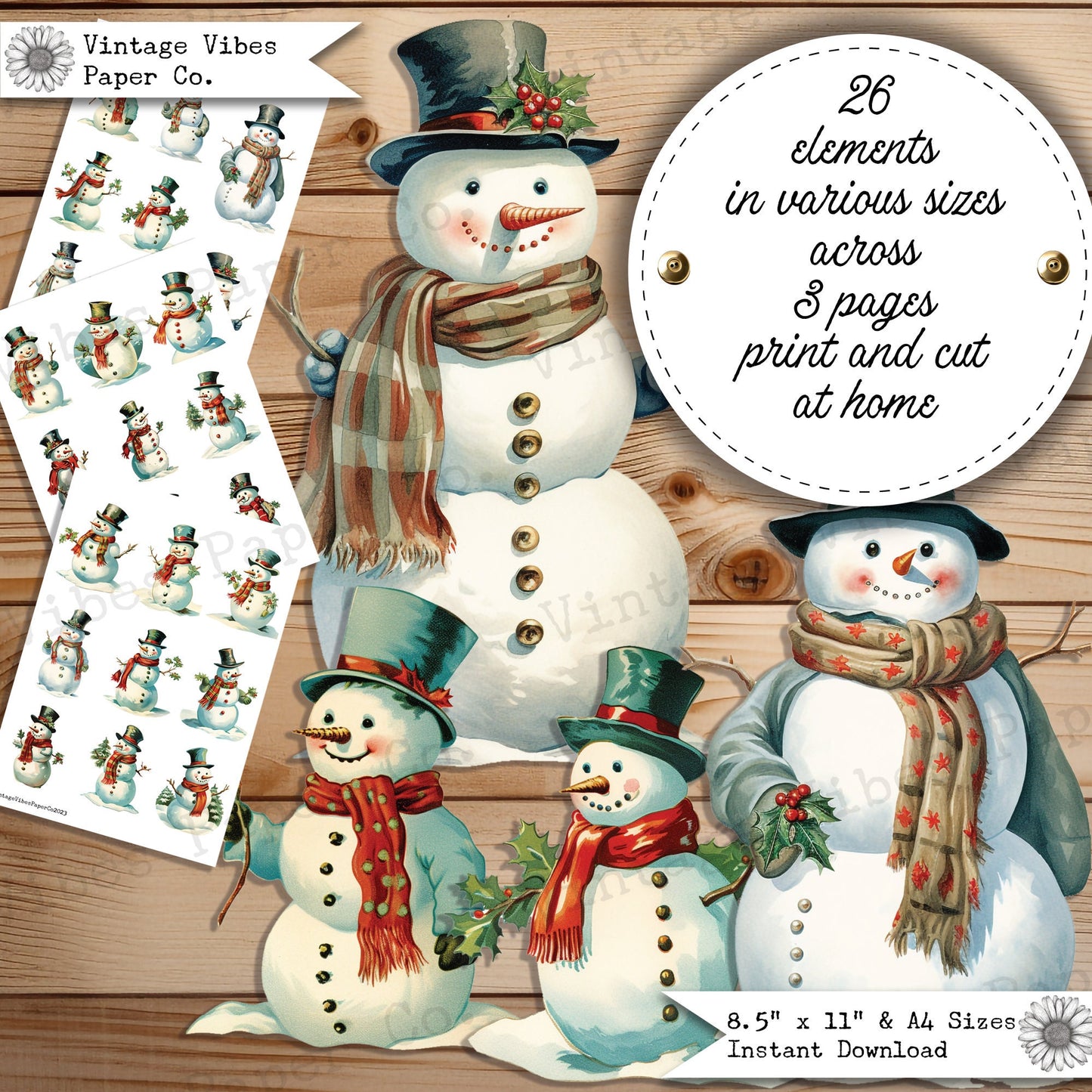 Christmas Snowman junk journal fussy cut ephemera sheets, festive Christmas theme junk journal digital printable ephemera pack