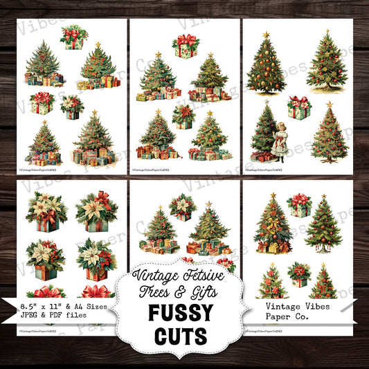 Christmas trees & gifts junk journal fussy cut ephemera sheets, festive christmas theme junk journal digital printable ephemera pack