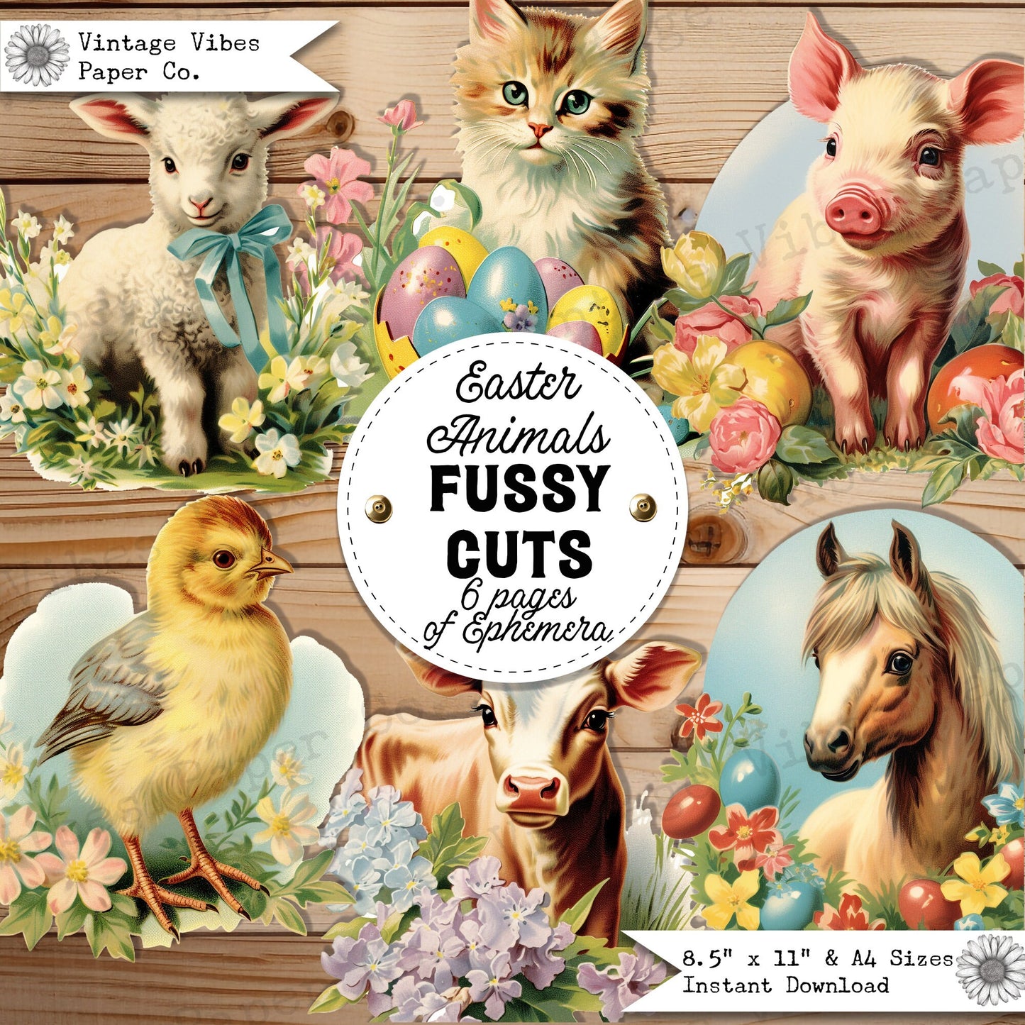 Junk Journal ephemera vintage Easter animals, baby cute animal farm style junk journal ephemera, digital junk journal, vintage fussy cuts