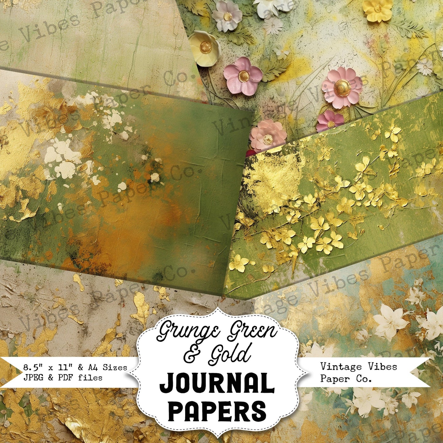 Junk journal papers grunge green and gold, grungy mixed media textured journal paper kit digital printable pages, vintage green junk journal