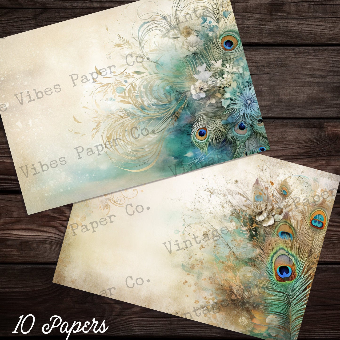 Peacock feathers vintage style junk journal papers, digital paper pack, aqua and neutral printable paper sheets for scrapbook & junk journal