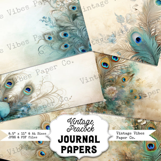 Peacock feathers vintage style junk journal papers, digital paper pack, aqua and neutral printable paper sheets for scrapbook & junk journal