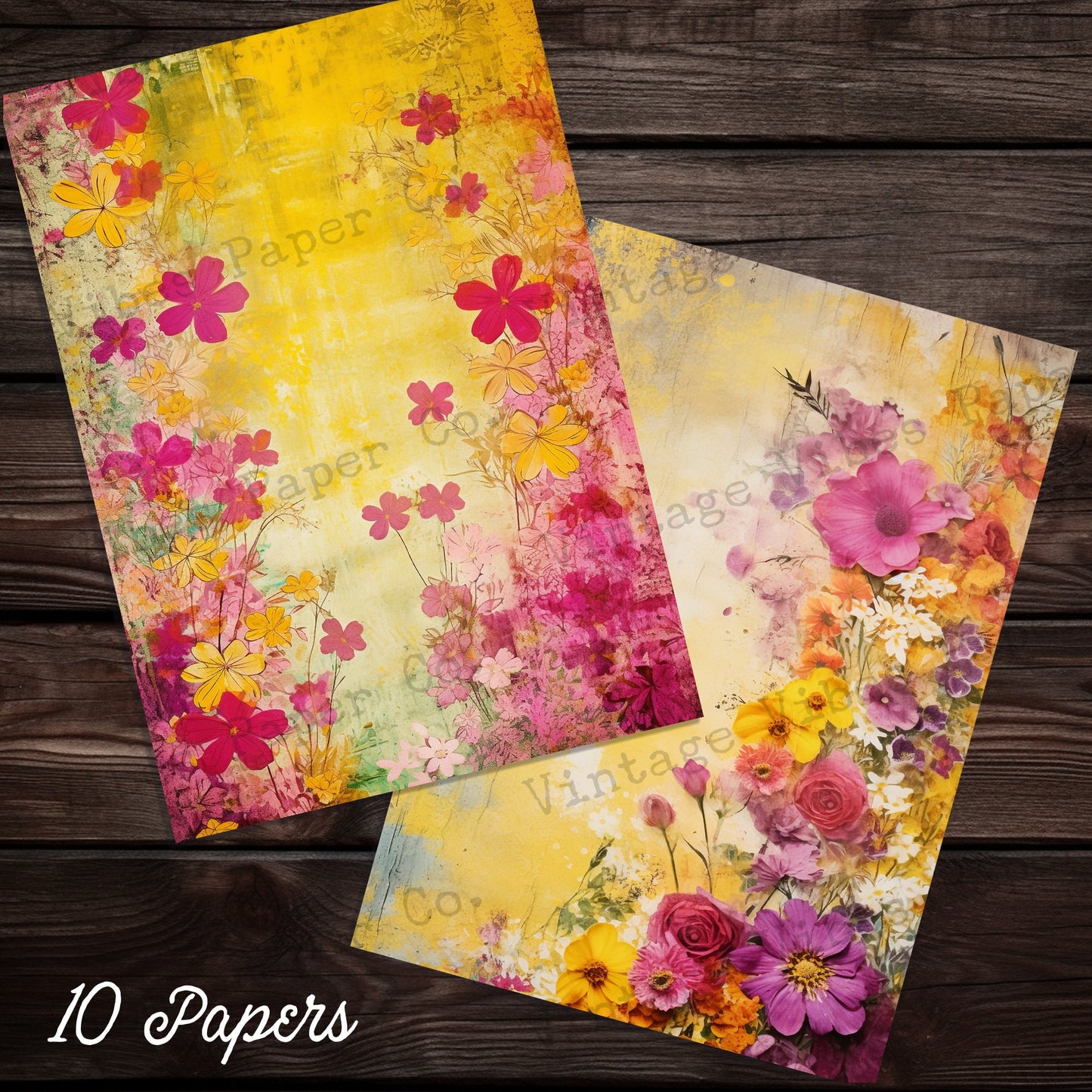 Pink and yellow floral junk journal papers, bright summer flower digital printable paper pack, grunge flowers textured mixed media papers