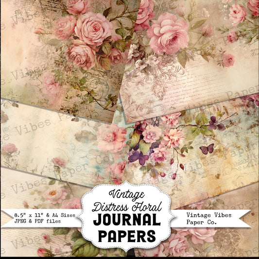 Vintage style distress floral junk journal papers, digital shabby chic rose floral neutral papers for scrapbooking & junk journaling