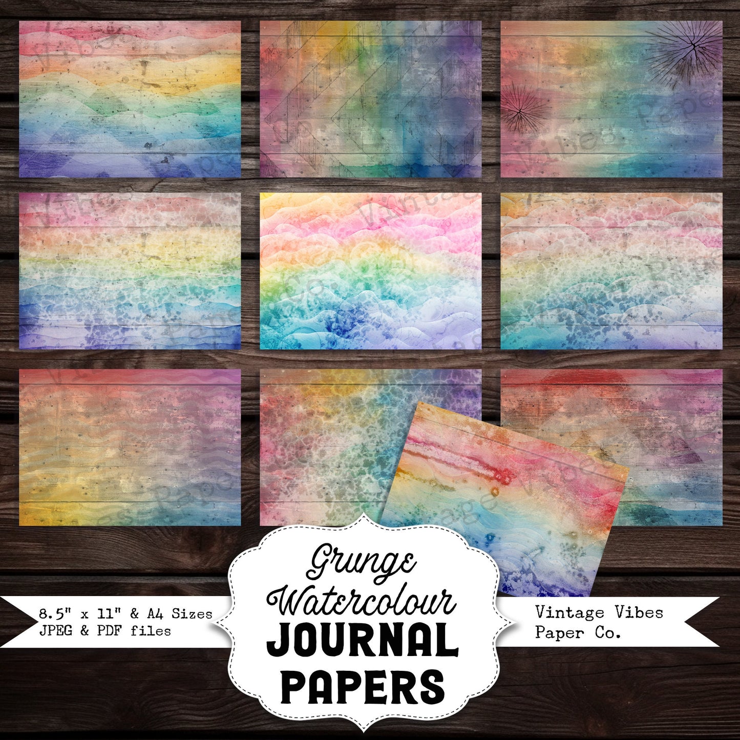 Junk journal grunge Rainbow digital paper pack, watercolour Rainbow watercolour print instant download, grungy textured background papers