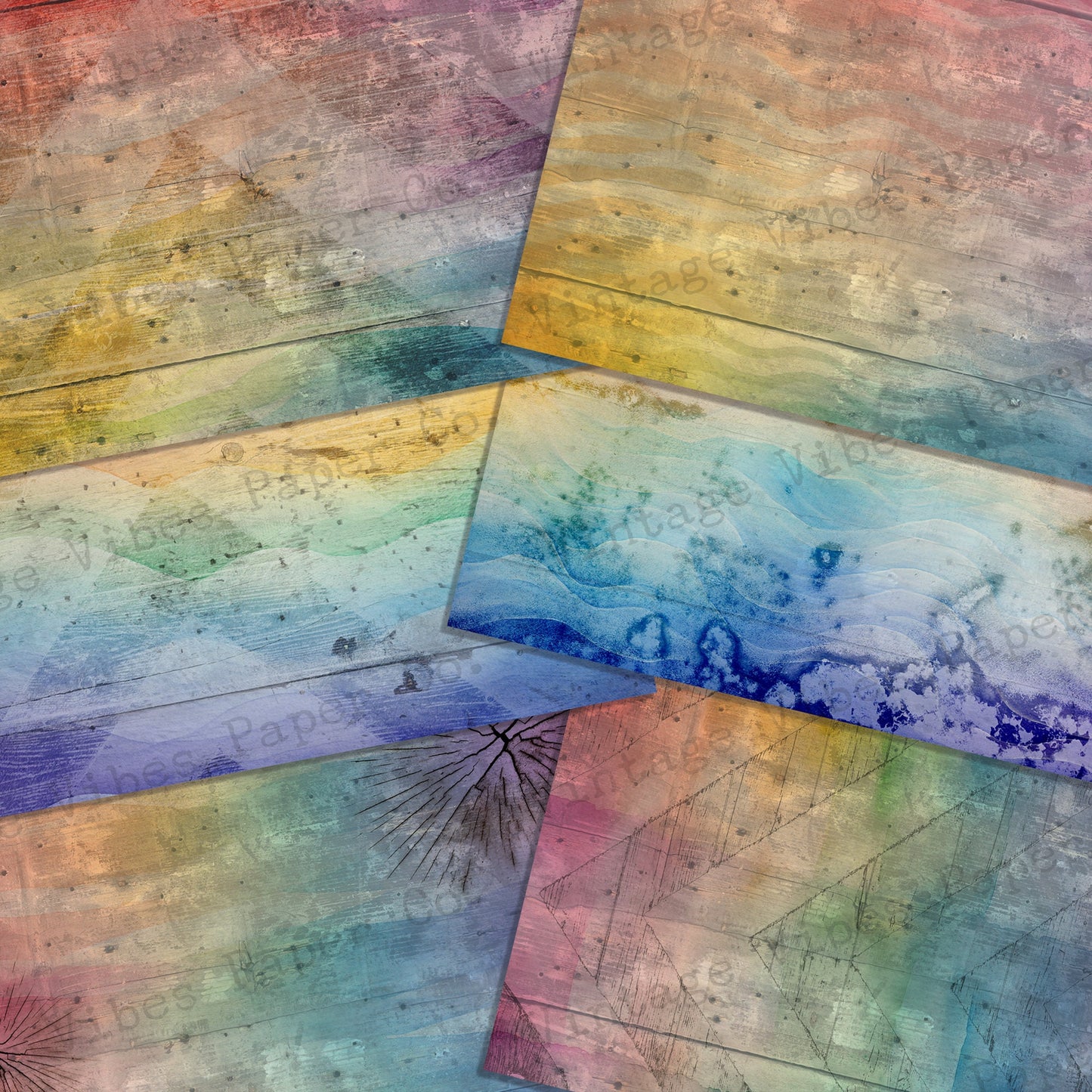 Junk journal grunge Rainbow digital paper pack, watercolour Rainbow watercolour print instant download, grungy textured background papers