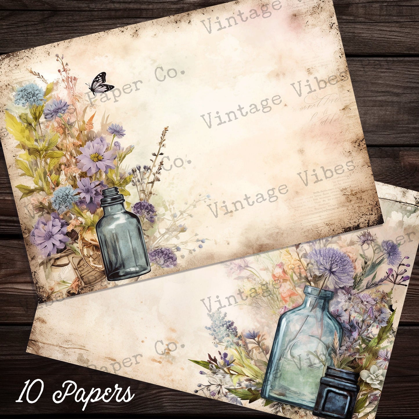 Floral Wildflower potion bottle Junk journal background papers, digital printable paper for Spring collage Scrapbooking & card making