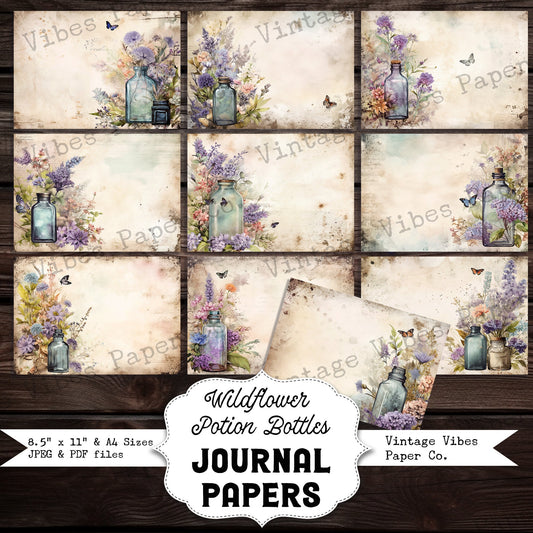 Floral Wildflower potion bottle Junk journal background papers, digital printable paper for Spring collage Scrapbooking & card making