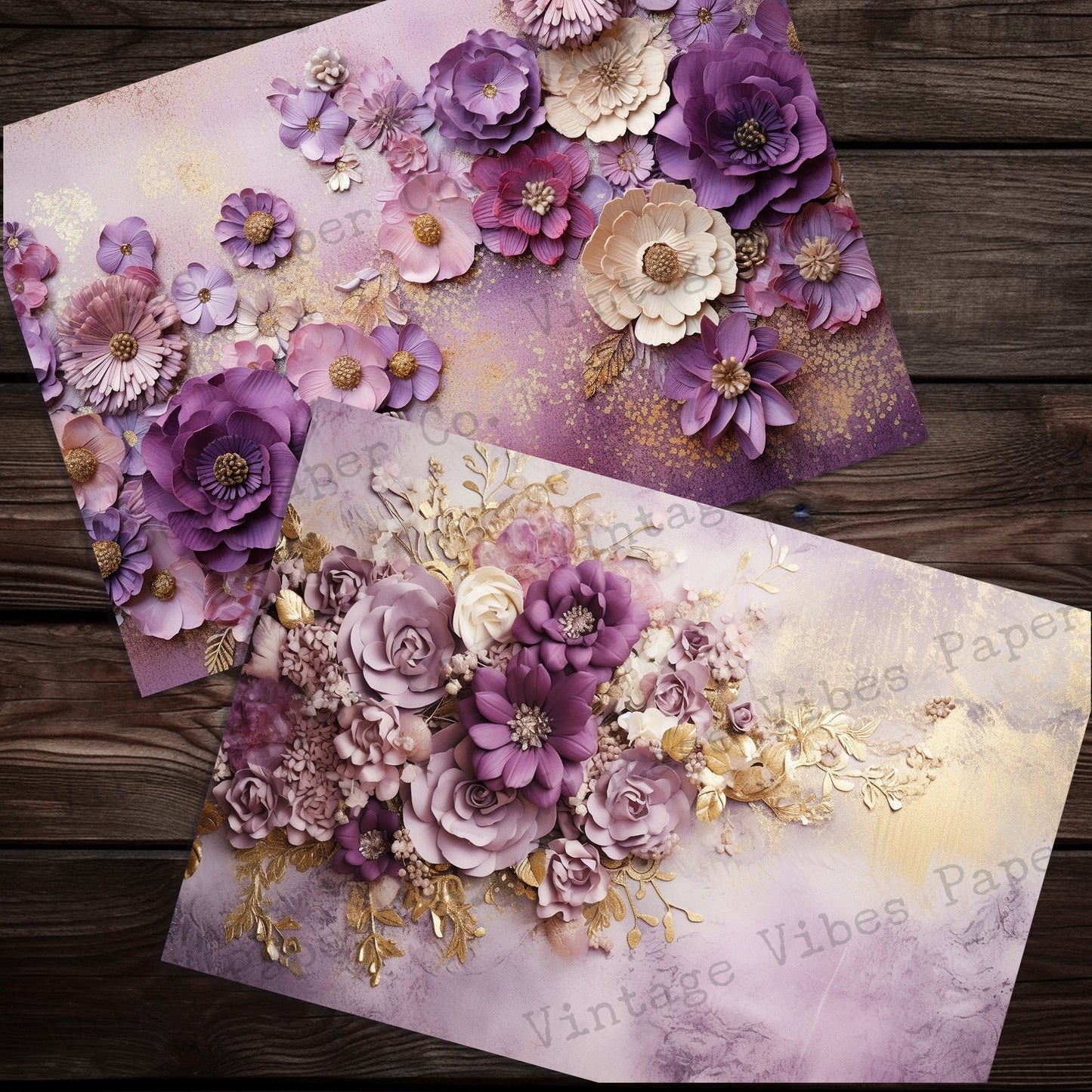 Purple & gold 4 Grunge floral junk journal papers, digital instant download printable papers, vintage flower background papers for scrapbook