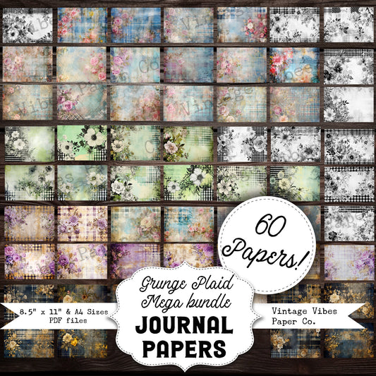 Junk journal background papers mega bundle, vintage grunge plaid papers, grungy backing pages for scrapbooking & more, 60 sheet bundle!