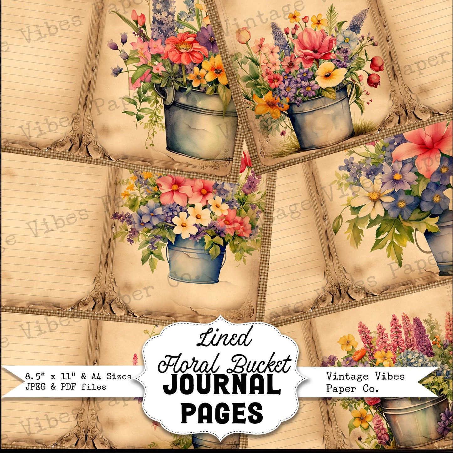 Junk journal page spread Vintage floral Bucket, Spring flowers lined neutral junk journal papers, watercolour floral digital download papers