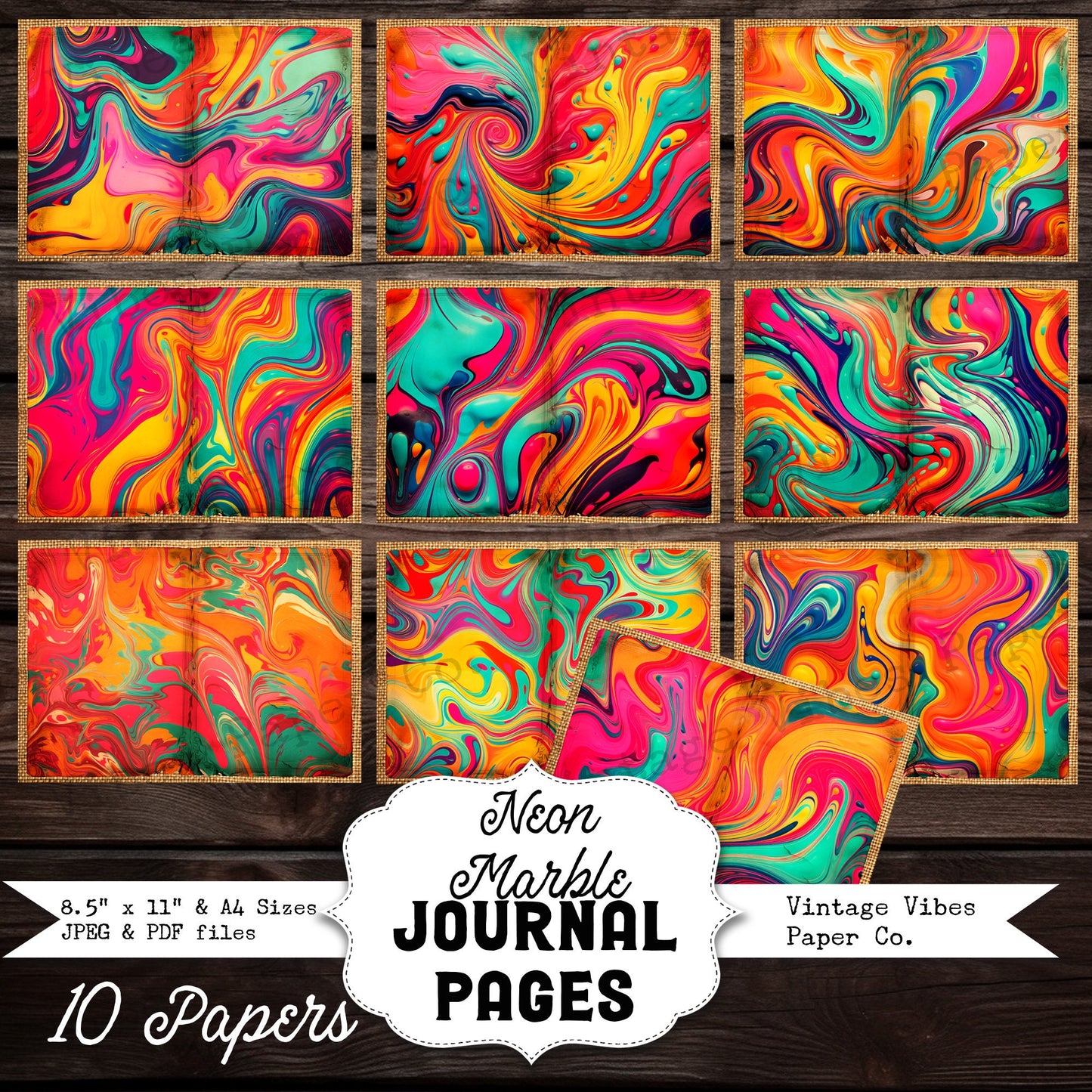 Bright Neon Marbled Junk journal page spread, 10 digital printable junk journal papers, background papers for bright junk journal