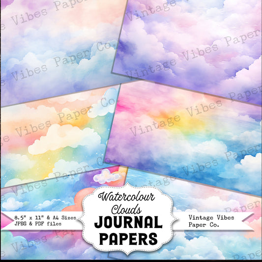 Junk journal background papers Watercolour clouds, pastel digital printable papers ideal for scrapbooking & Junk journaling soft backgrounds