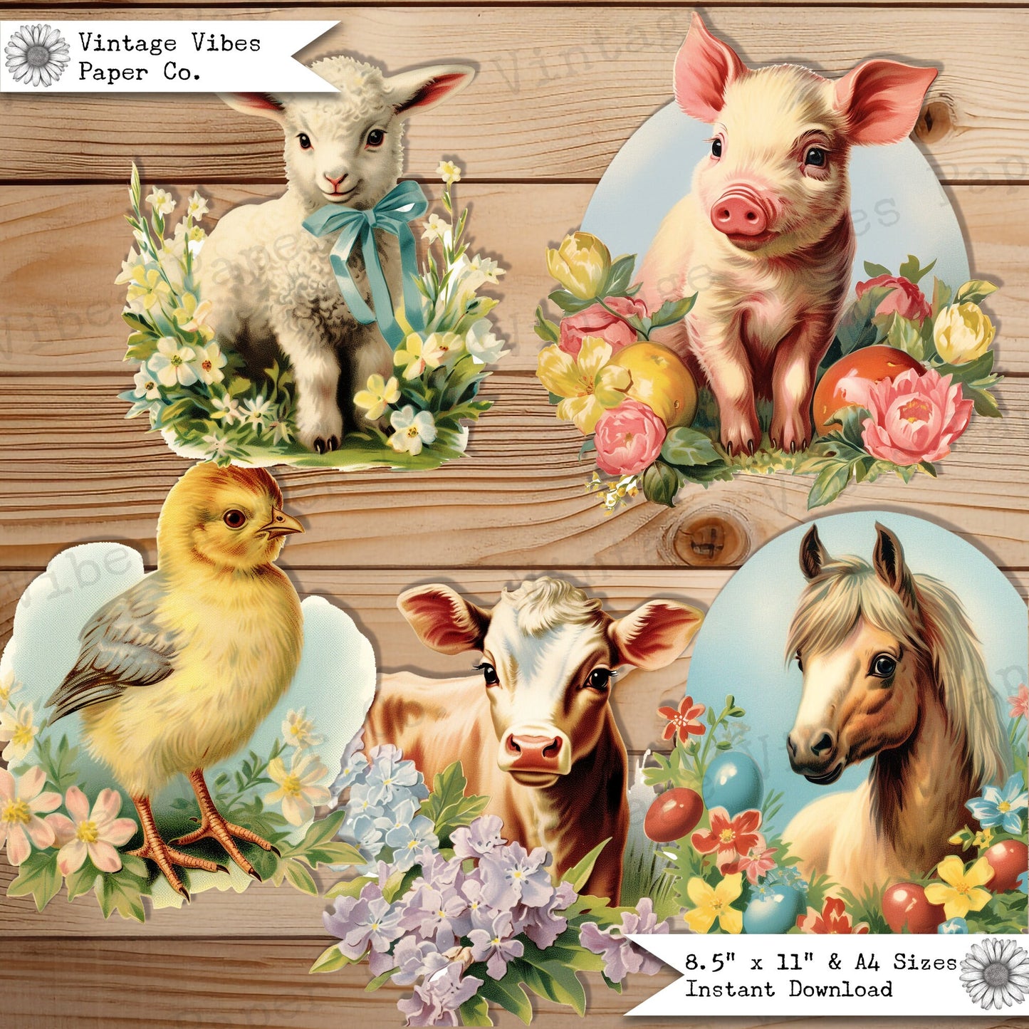 Junk Journal ephemera vintage Easter animals, baby cute animal farm style junk journal ephemera, digital junk journal, vintage fussy cuts