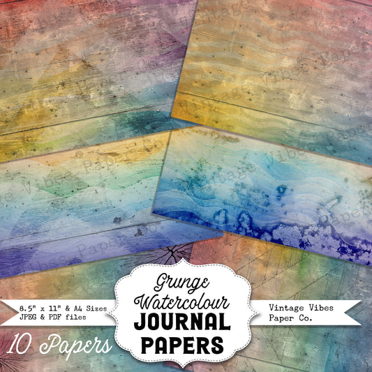 Junk journal grunge Rainbow digital paper pack, watercolour Rainbow watercolour print instant download, grungy textured background papers