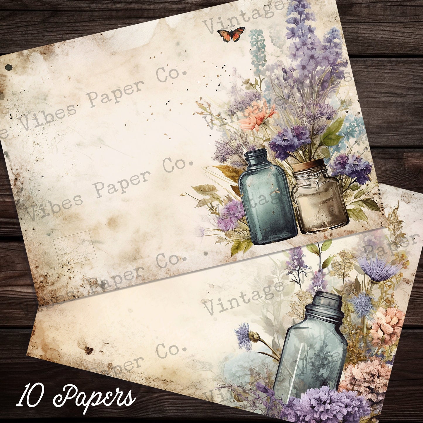 Floral Wildflower potion bottle Junk journal background papers, digital printable paper for Spring collage Scrapbooking & card making