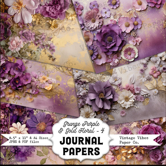 Purple & gold 4 Grunge floral junk journal papers, digital instant download printable papers, vintage flower background papers for scrapbook