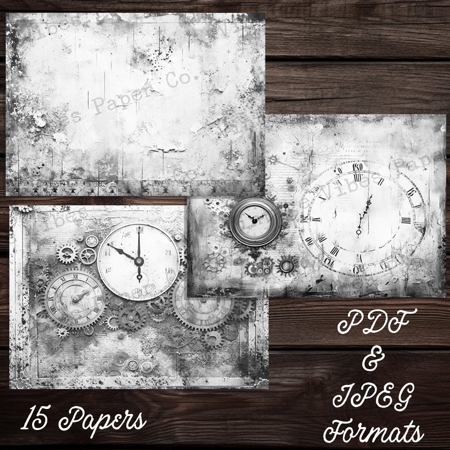 Black & white steampunk grunge clock junk journal printable papers, ink saver pages, monotone grungy collage background papers, scrapbooking