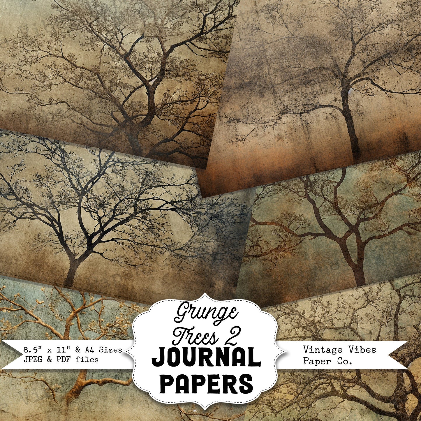 Junk journal grunge trees 2 background papers, instant download printable junk journal collage papers, mystical gothic trees