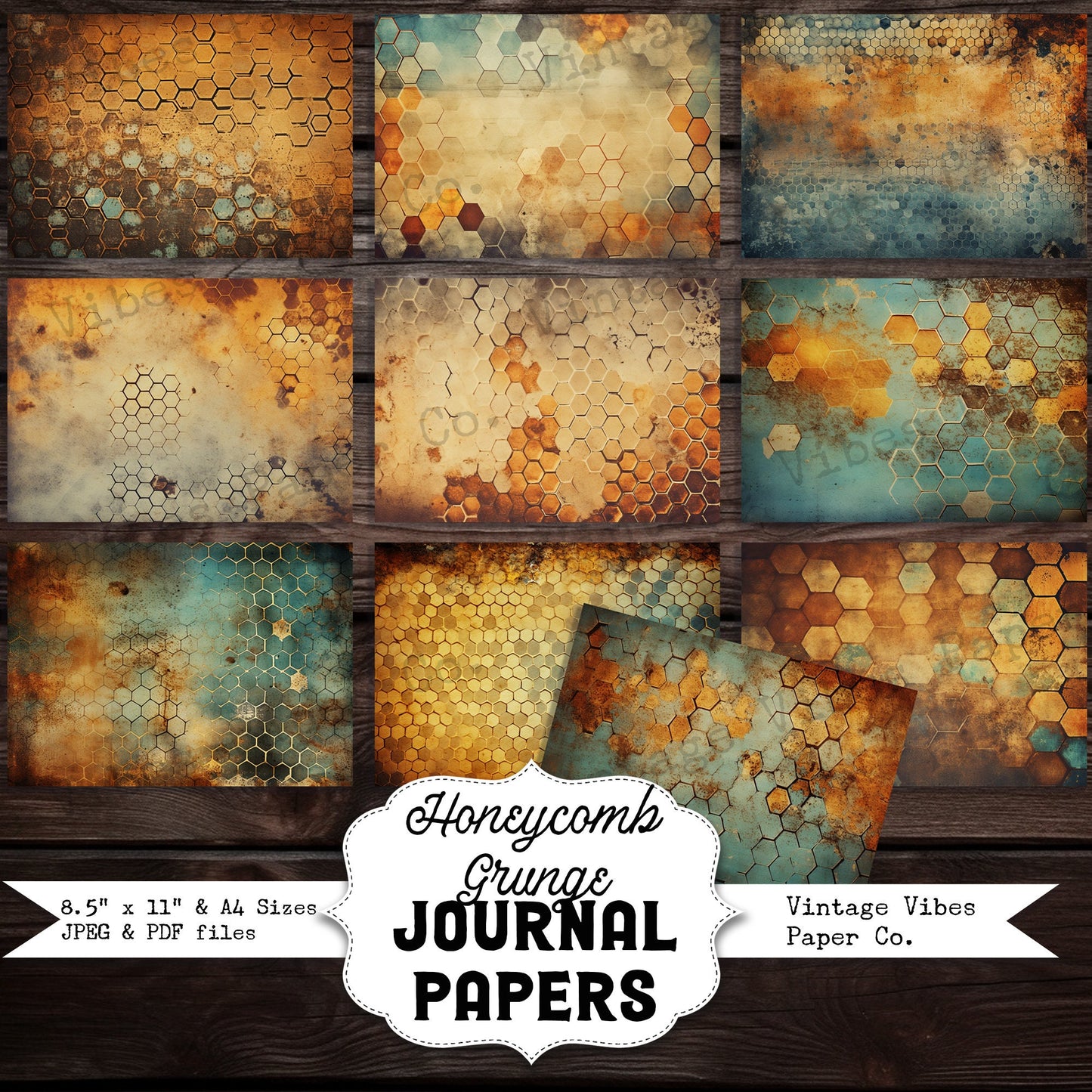 honeycomb Grunge Junk journal digital papers, hexagon textured bee themed background papers for scrapbooking, card making, collage & more