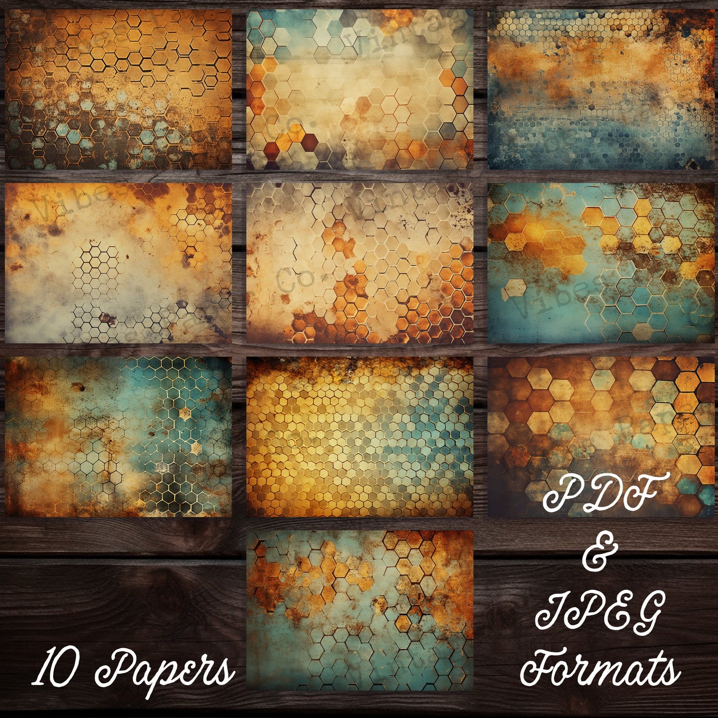 honeycomb Grunge Junk journal digital papers, hexagon textured bee themed background papers for scrapbooking, card making, collage & more