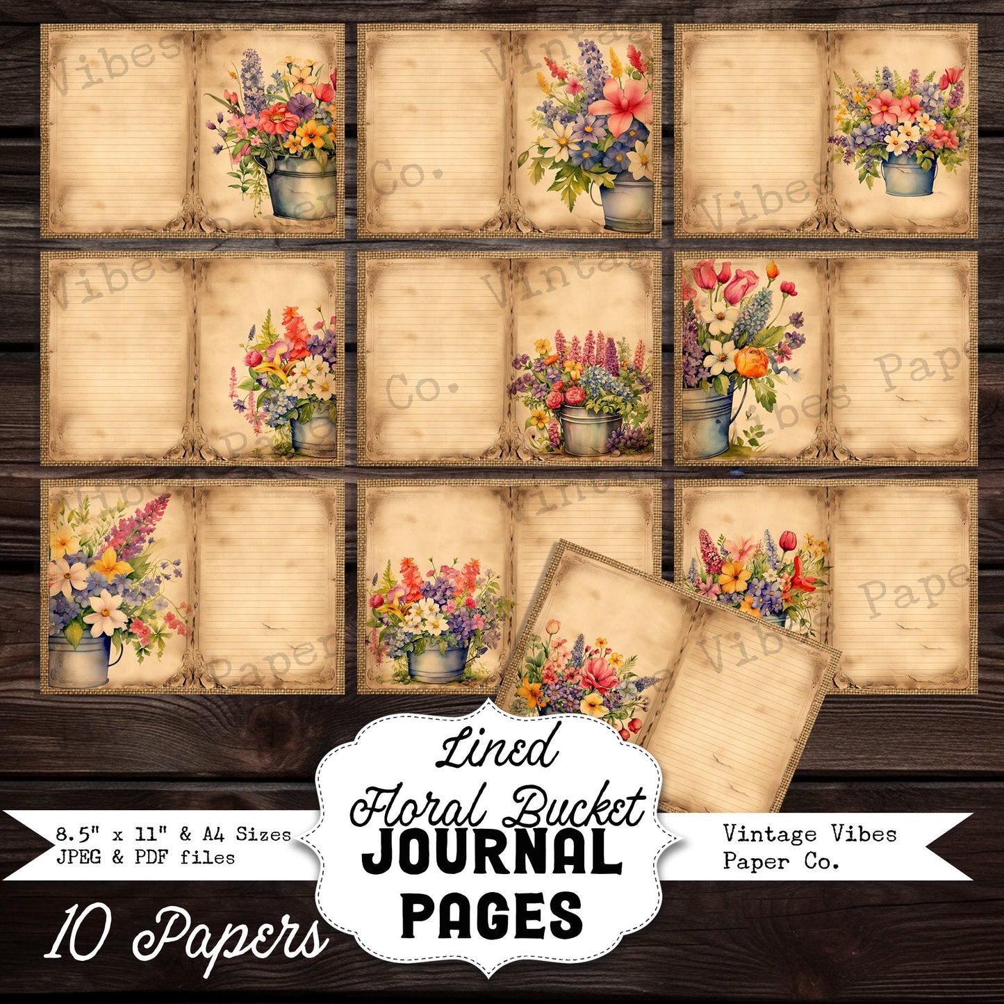 Junk journal page spread Vintage floral Bucket, Spring flowers lined neutral junk journal papers, watercolour floral digital download papers