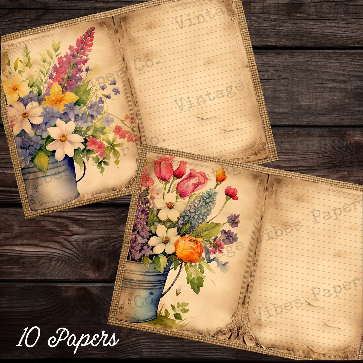 Junk journal page spread Vintage floral Bucket, Spring flowers lined neutral junk journal papers, watercolour floral digital download papers