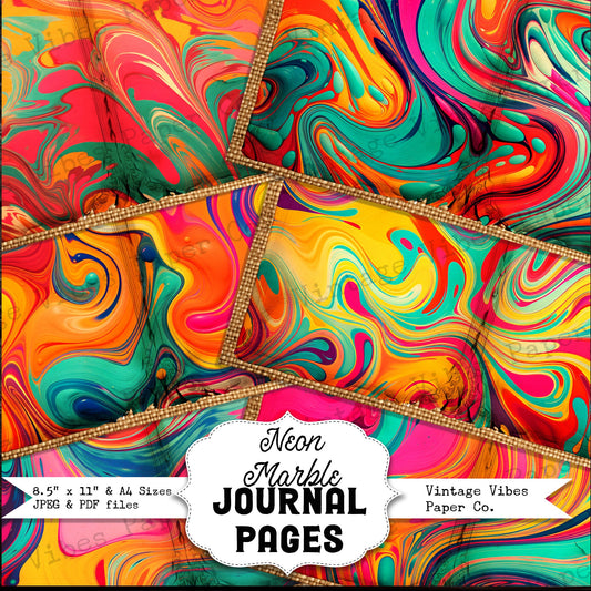 Bright Neon Marbled Junk journal page spread, 10 digital printable junk journal papers, background papers for bright junk journal