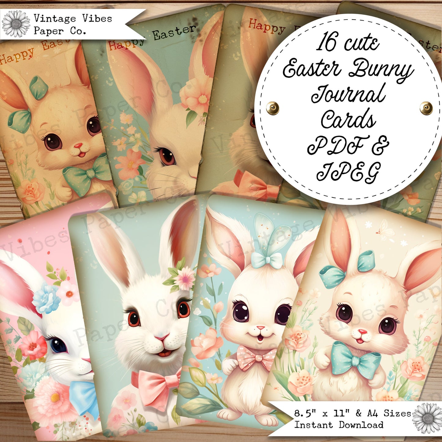 Junk journal ephemera Easter Bunny Journal cards, printable journal ephemera, journal card inserts, vintage Spring Rabbit digital download