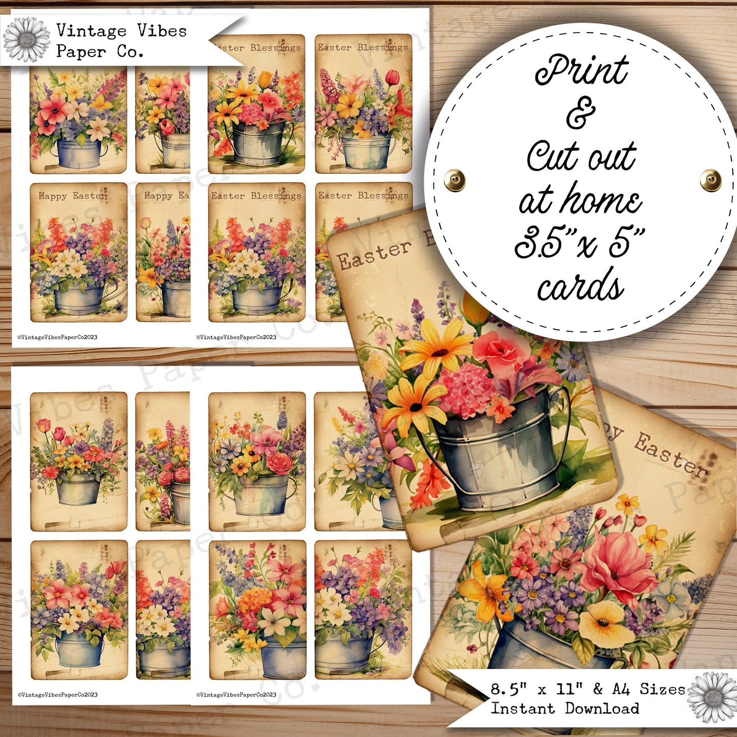 Junk journal ephemera Easter Spring Floral bucket Journal cards, printable journal ephemera, journal card inserts, vintage digital download