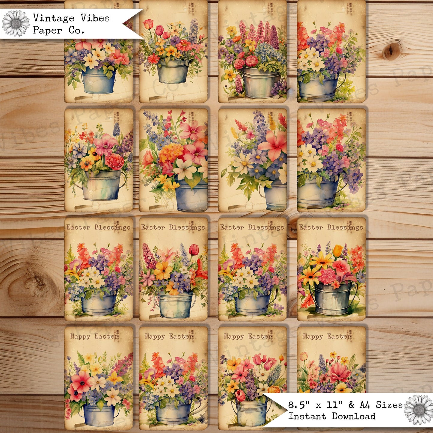 Junk journal ephemera Easter Spring Floral bucket Journal cards, printable journal ephemera, journal card inserts, vintage digital download