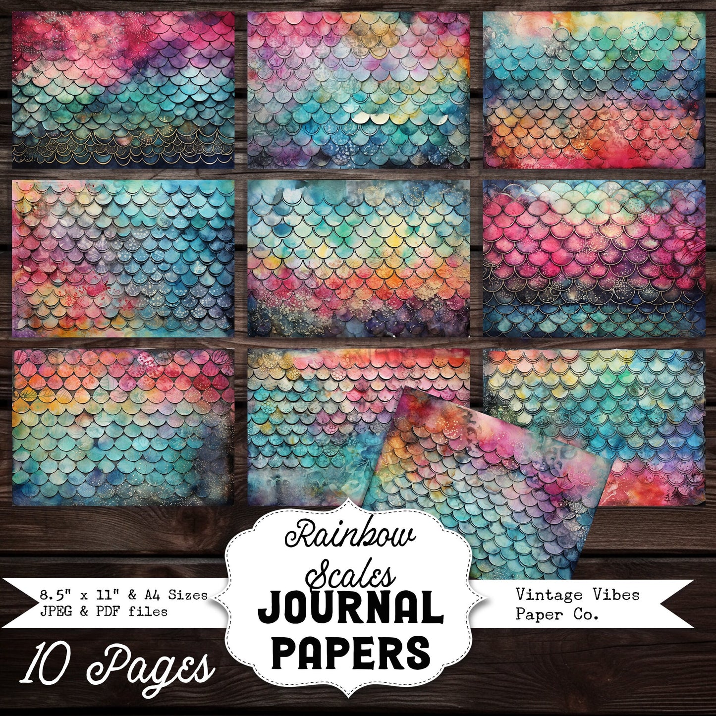 Grungy Rainbow scales digital printable papers for Junk journal, textured textile neutral background papers, collage sheets for scrapbooks