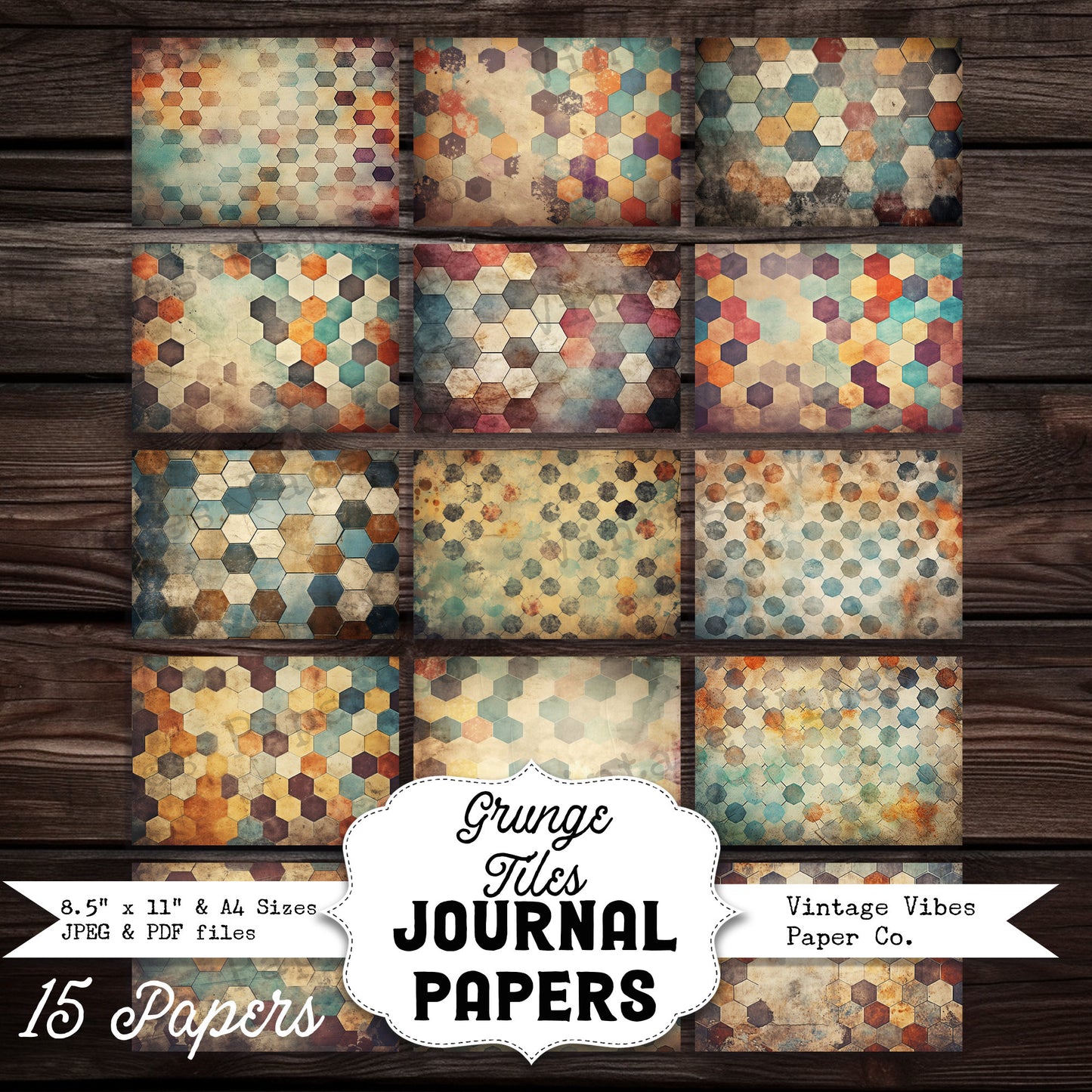 Grunge Tiles Junk journal digital paper pack, instant download printable journaling & scrapbook papers, mixed media collage backgrounds