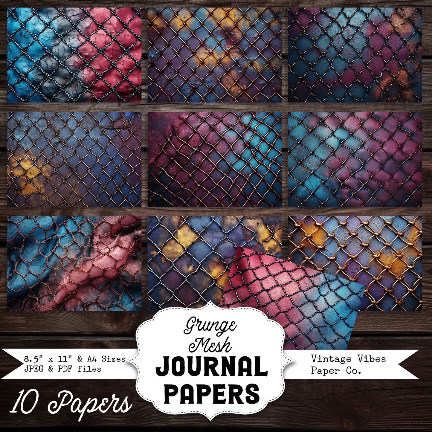 Grunge Mesh wire junk journal background papers, industrial grungy digital download for scrapbooking & junk journaling, textured collage