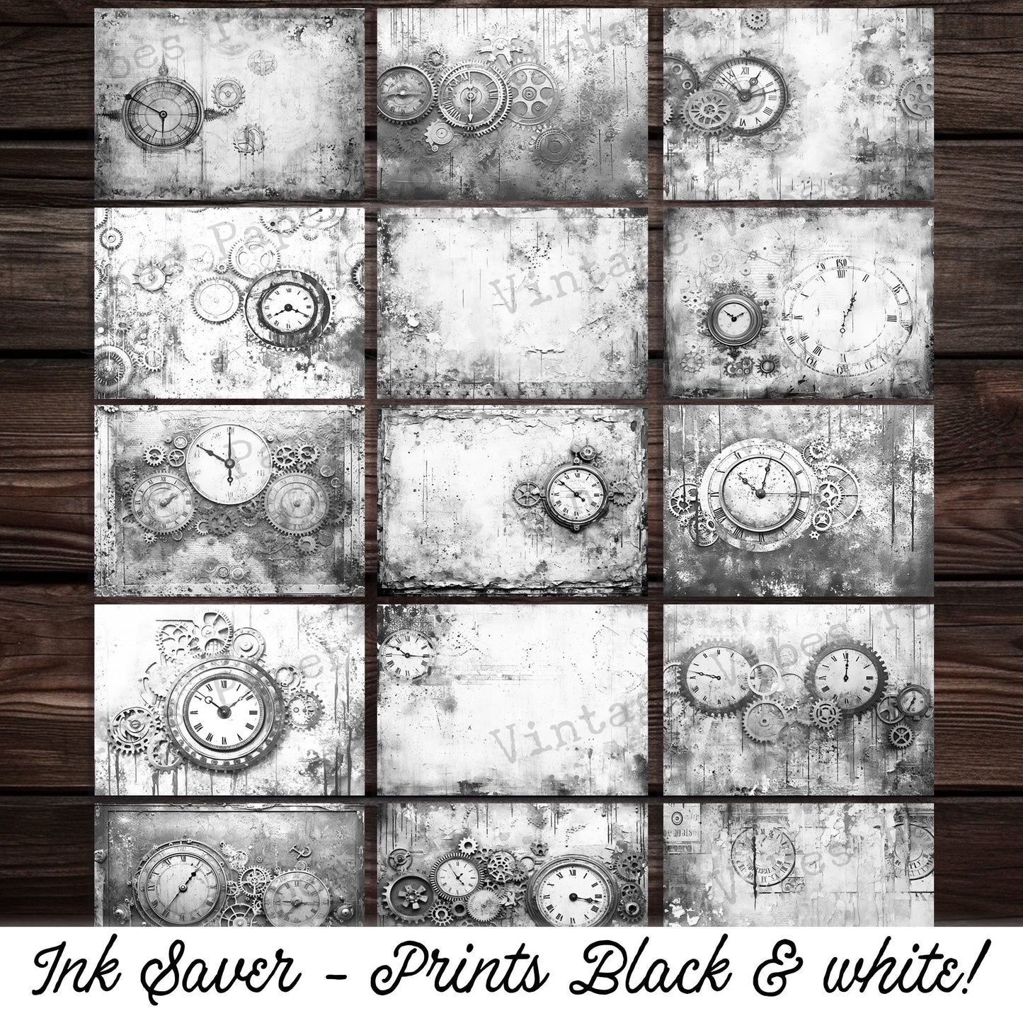 Black & white steampunk grunge clock junk journal printable papers, ink saver pages, monotone grungy collage background papers, scrapbooking