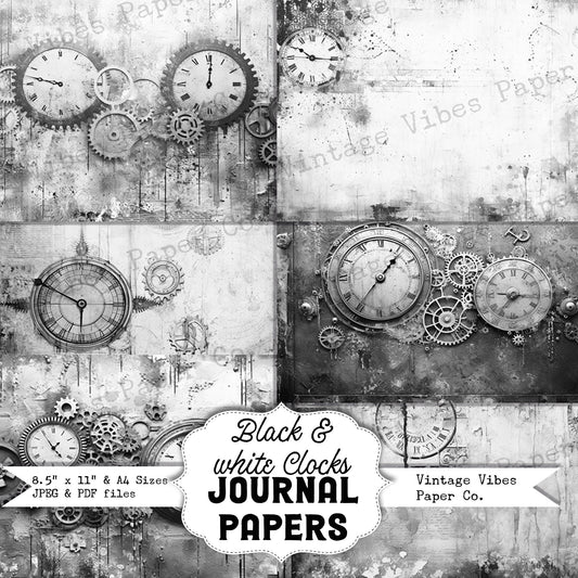 Black & white steampunk grunge clock junk journal printable papers, ink saver pages, monotone grungy collage background papers, scrapbooking