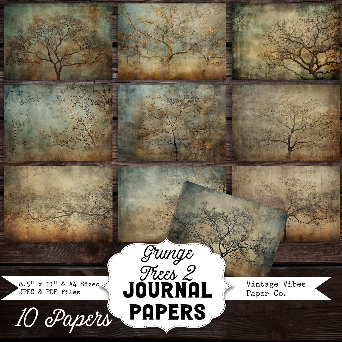 Junk journal grunge trees 2 background papers, instant download printable junk journal collage papers, mystical gothic trees