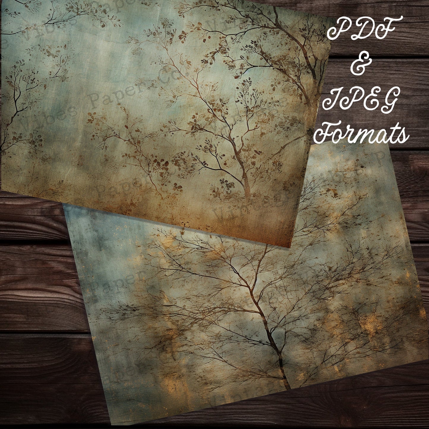 Junk journal grunge trees 2 background papers, instant download printable junk journal collage papers, mystical gothic trees