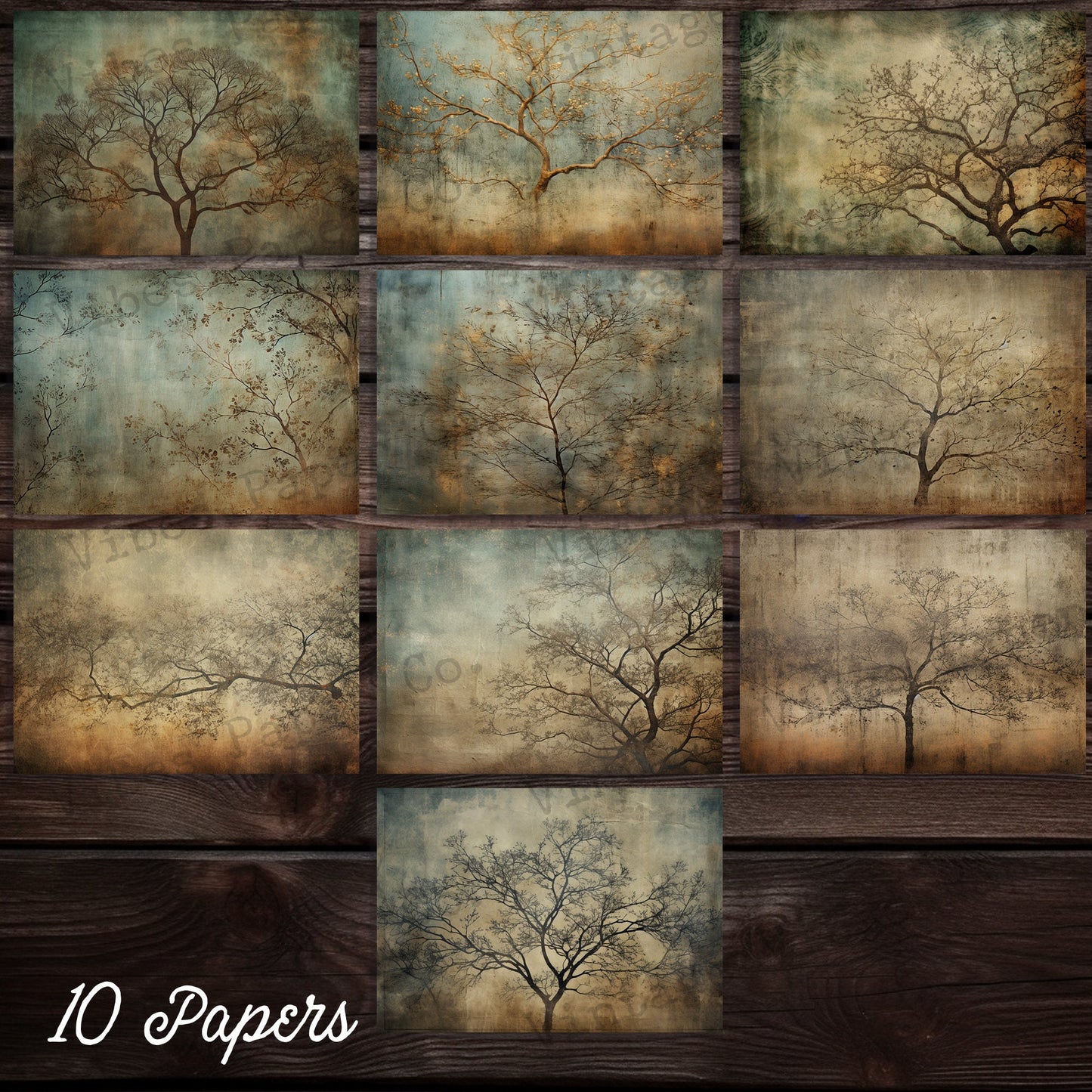 Junk journal grunge trees 2 background papers, instant download printable junk journal collage papers, mystical gothic trees