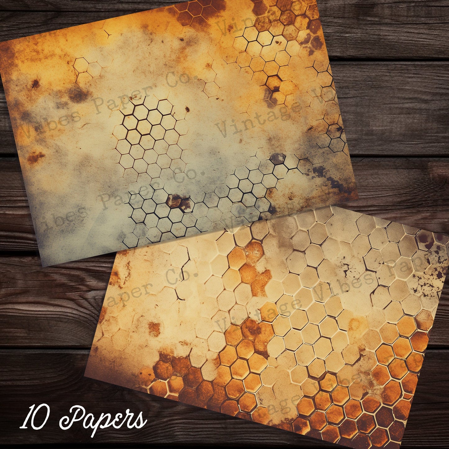 honeycomb Grunge Junk journal digital papers, hexagon textured bee themed background papers for scrapbooking, card making, collage & more