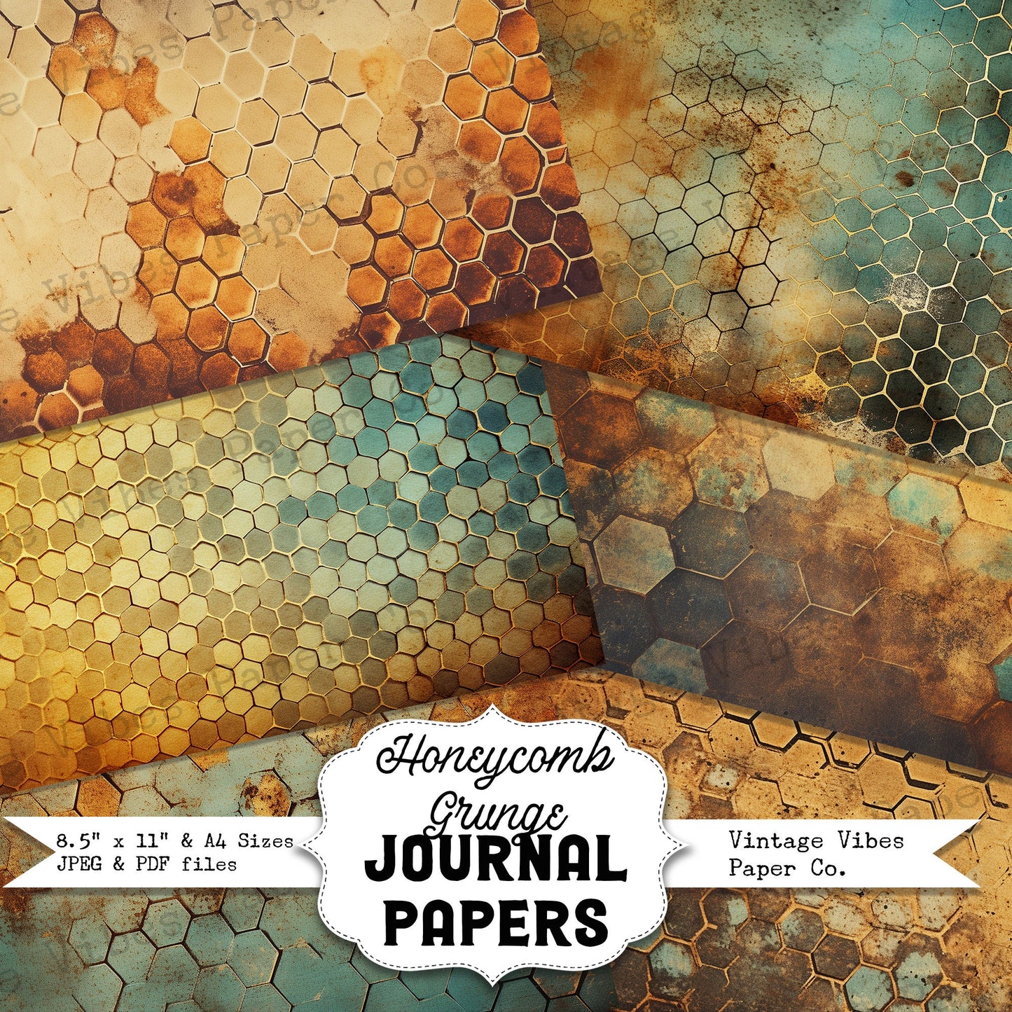 honeycomb Grunge Junk journal digital papers, hexagon textured bee themed background papers for scrapbooking, card making, collage & more