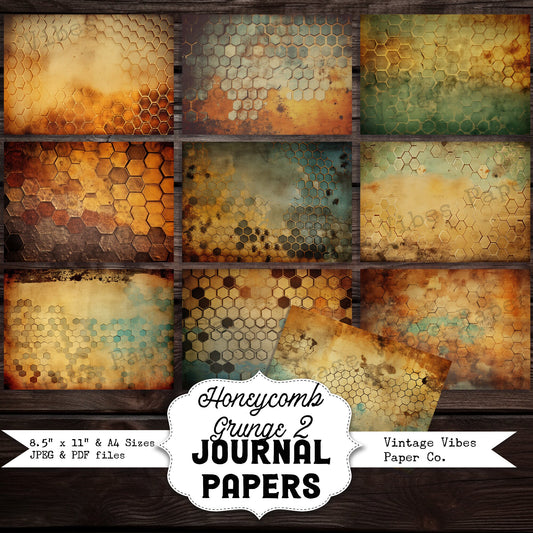 honeycomb Grunge 2 Junk journal digital papers, hexagon textured bee themed background papers for scrapbooking, card making, collage & more