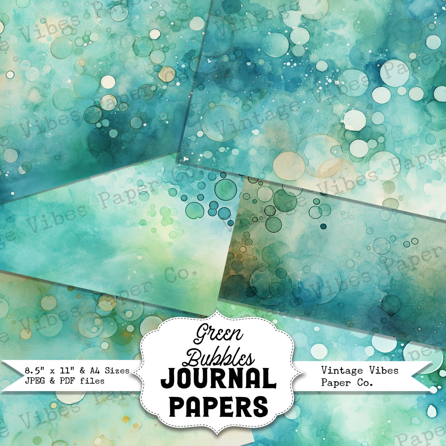 Green Bubbles Watercolour Junk journal papers, instant download digital printable papers for scrapbooking, journaling and cards, mixed media